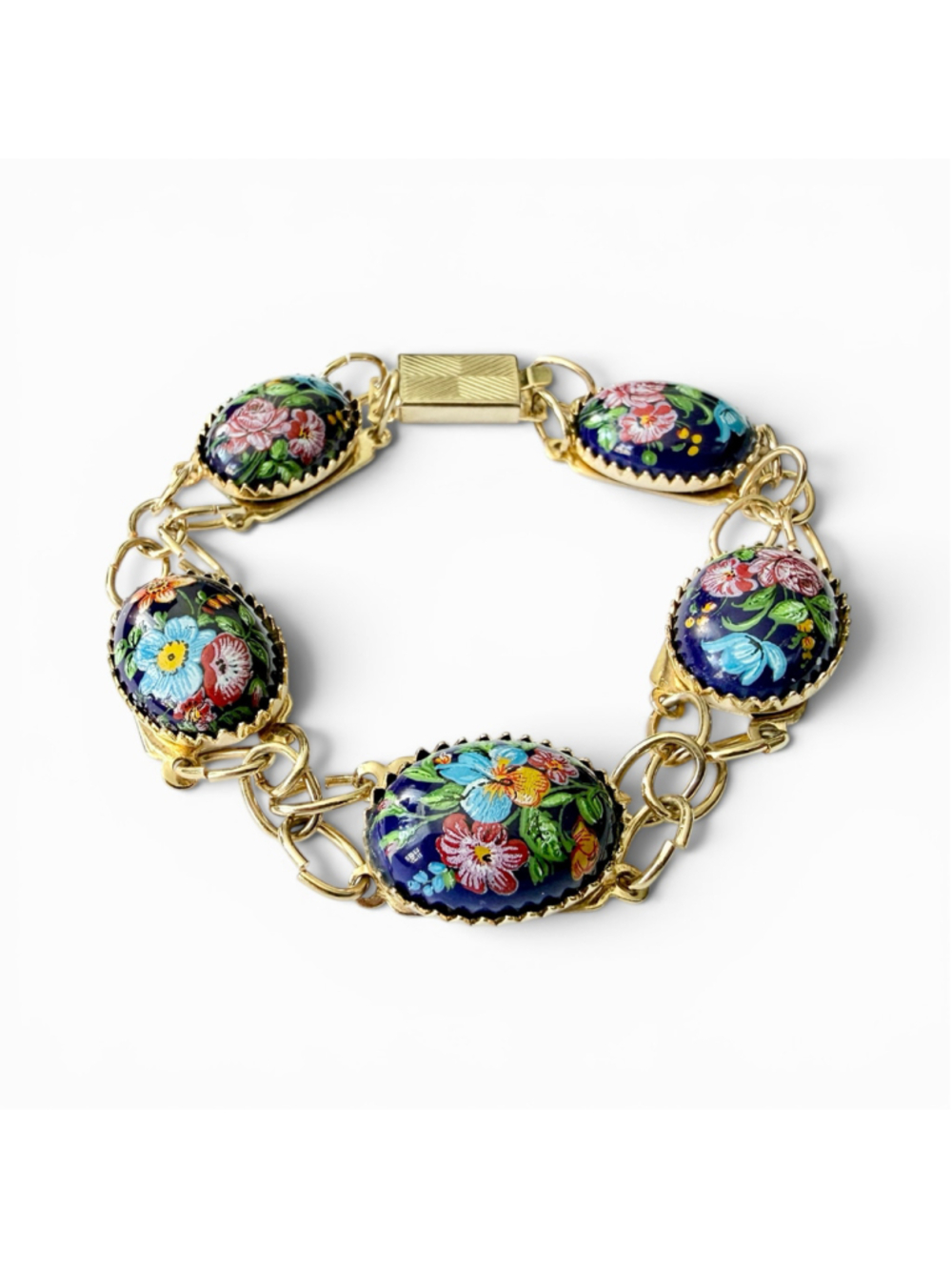 Vintage Hand Painted Porcelain Floral Bracelet Blue Porcelain Cabochon Bracelet